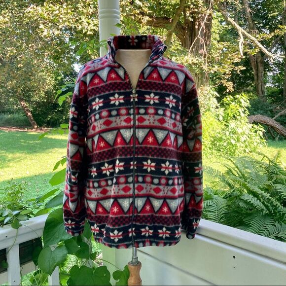 Vintage Sweaters - VTG 90 Alfred Dunner Fleece Zip Jacket FairIsle Snowflake Petite Fisherman Winte